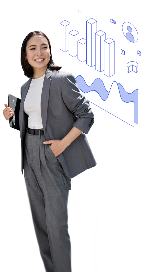 Professional millennial asian woman with financial charts behind her
