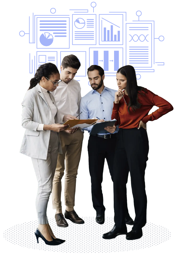 Four individuals working together while looking at paperwork