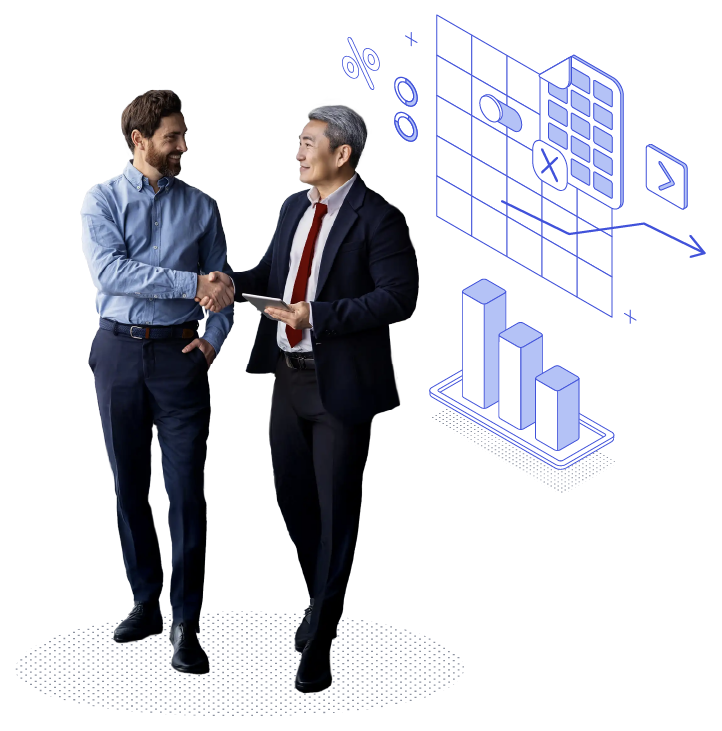 Two gen X men shaking hands with financial charts behind them