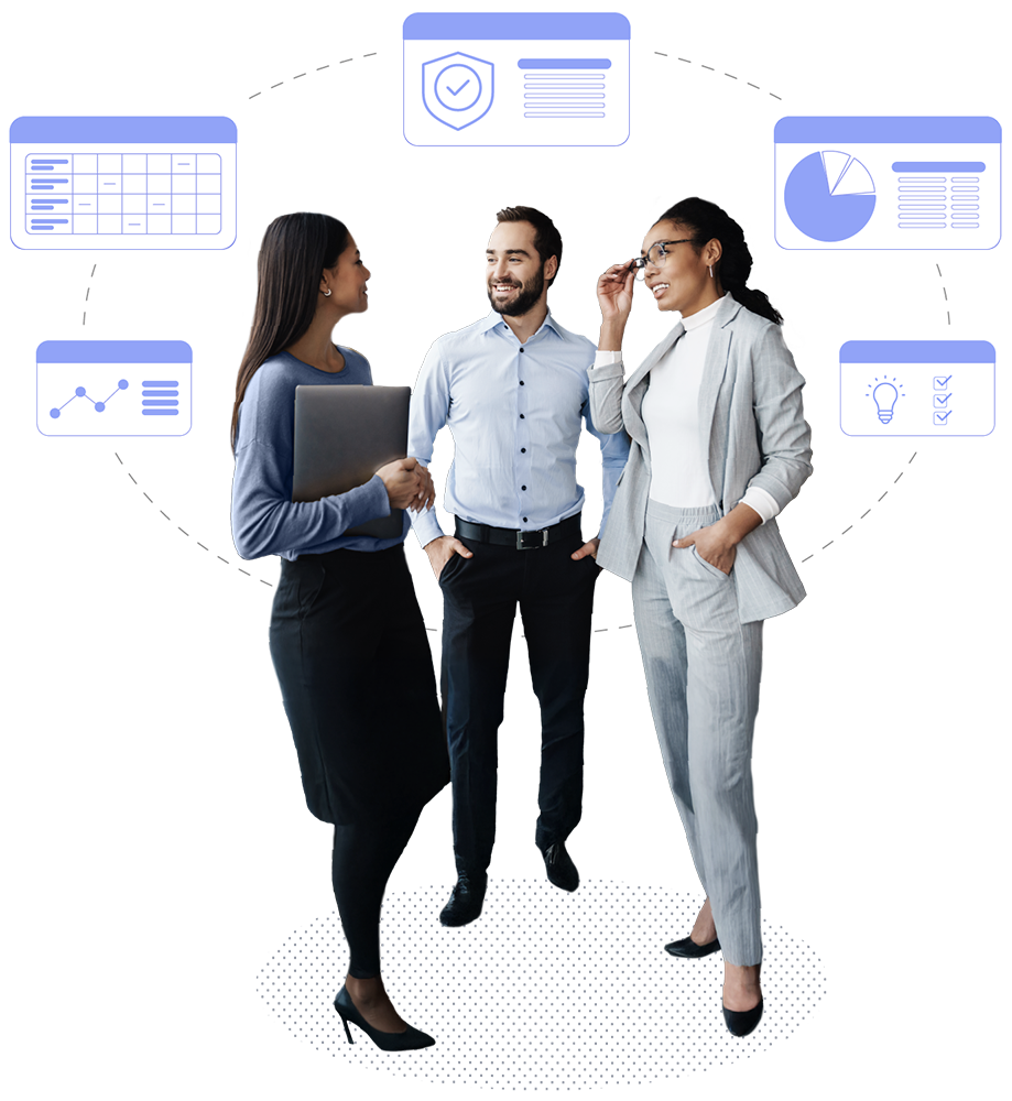 Professionals in a discussion with financial graphics framing them